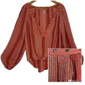 Free People Blouse Womens Size M V Neck Knot Front Lantern Sleeve Boho Chic Red